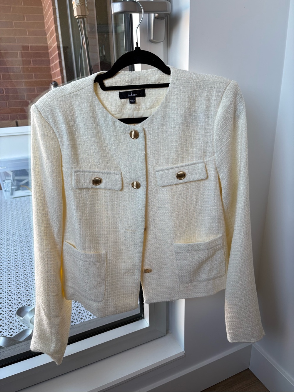 Lulu's Cream Tweed Collarless Gold-Button Jacket